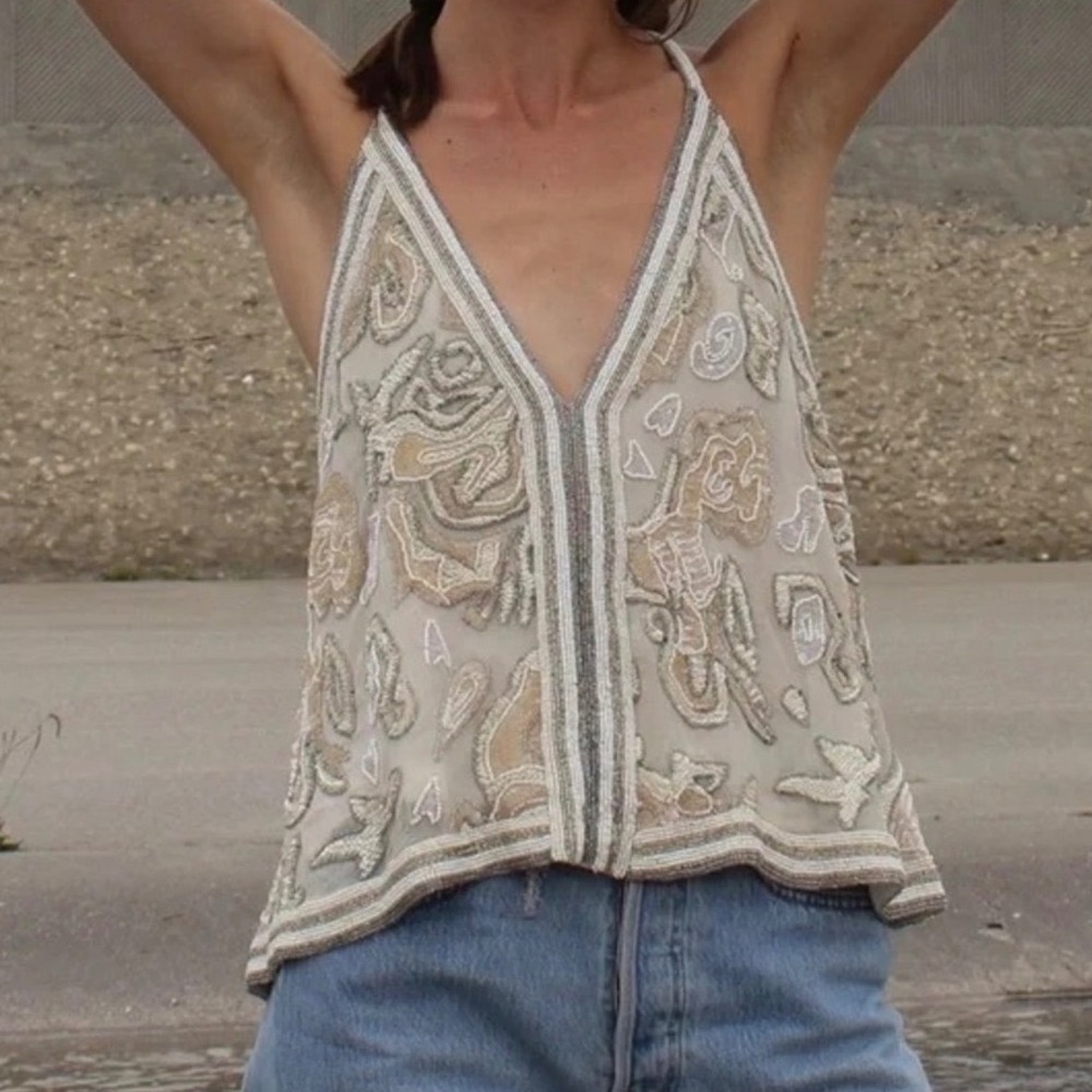 Free People Womens Best of Me Beaded Boho Festival Halter Tank Top Ivory Size M